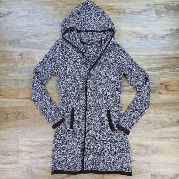 🩵Brown & White Variegated Trim Open Front Hooded Cardigan Large - Picture 5 of 14